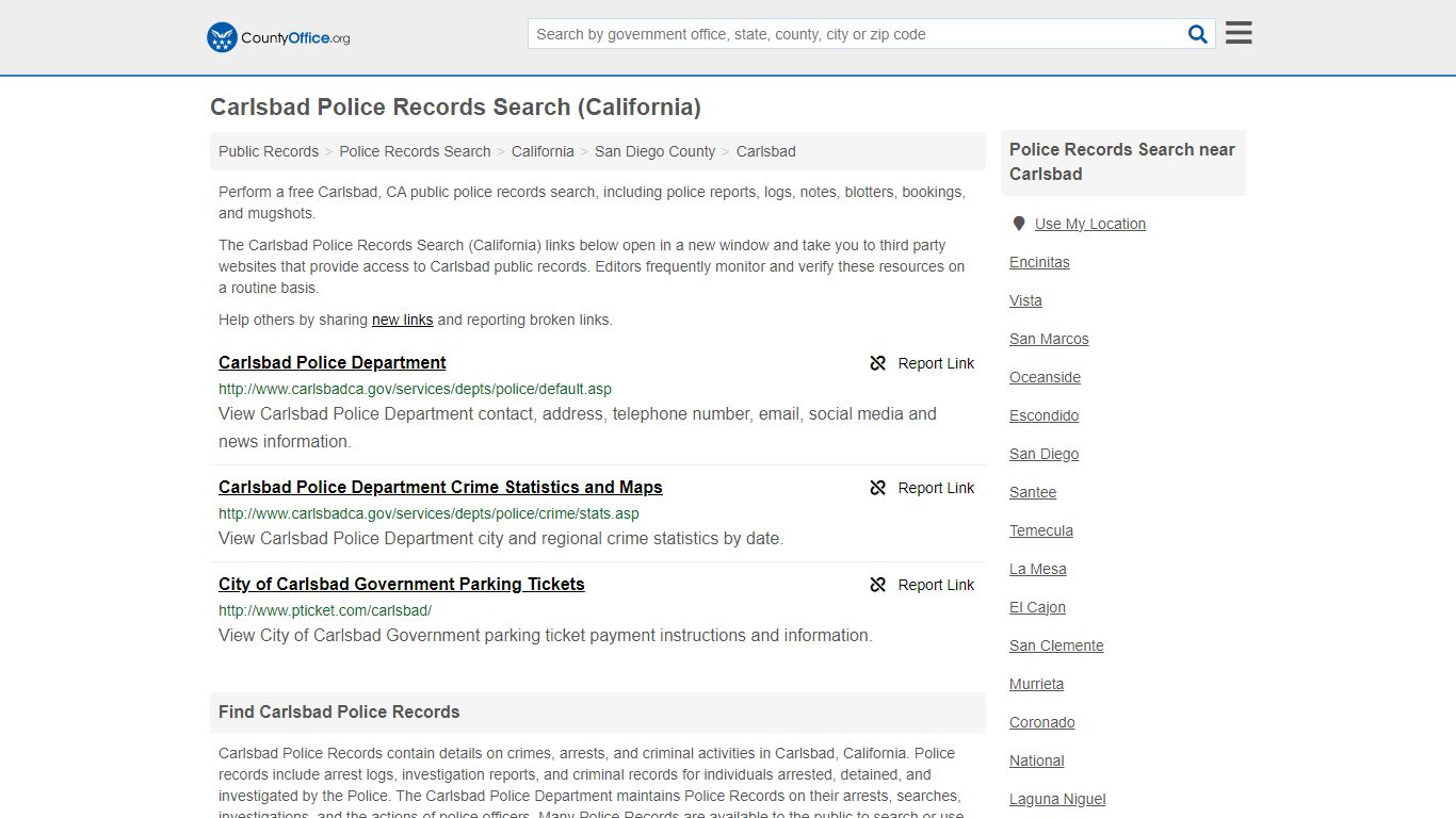 Carlsbad Police Records Search (California) - County Office